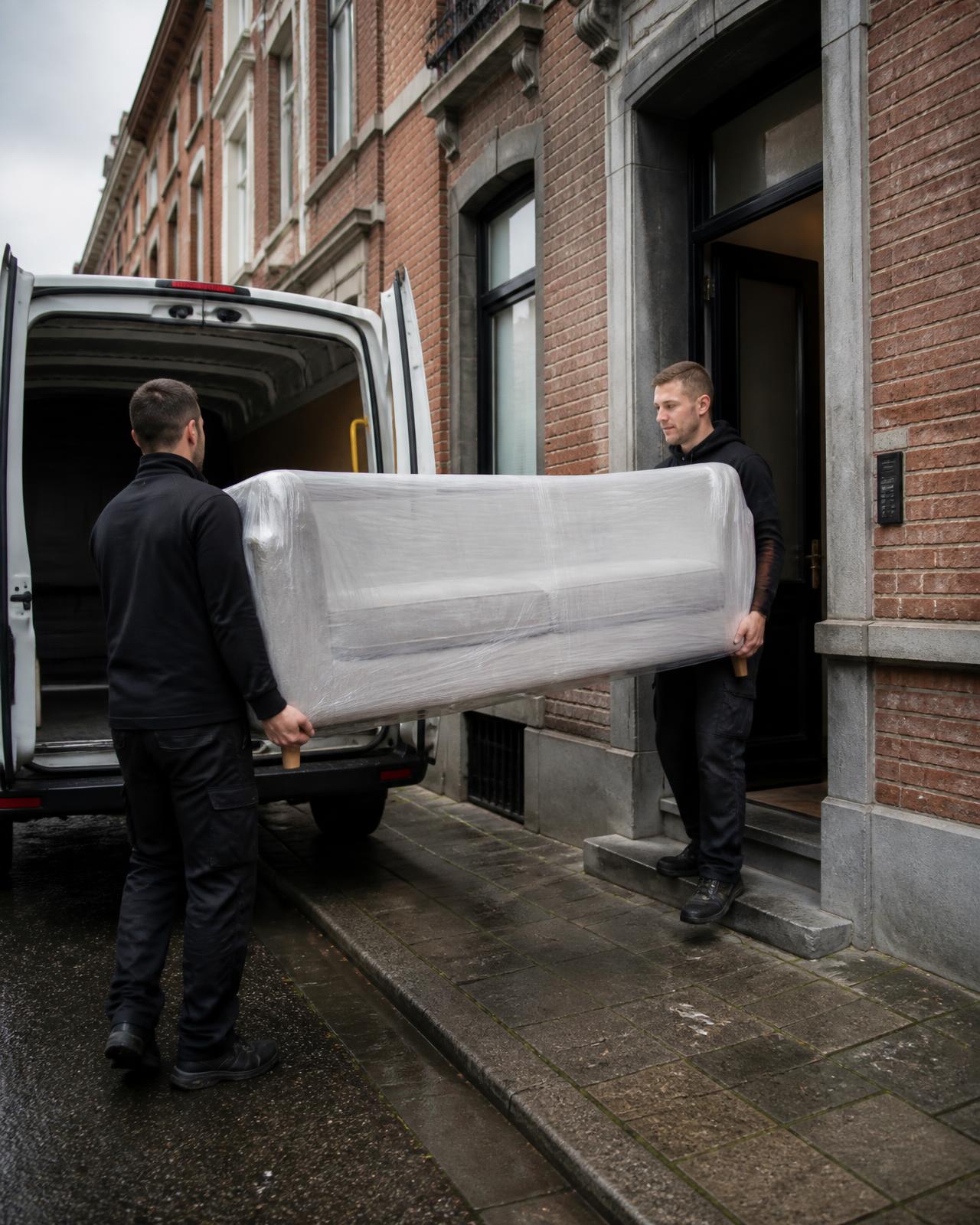 Twee verhuizers dragen een ingepakte zetel uit een Belgische woning in een verhuiswagen